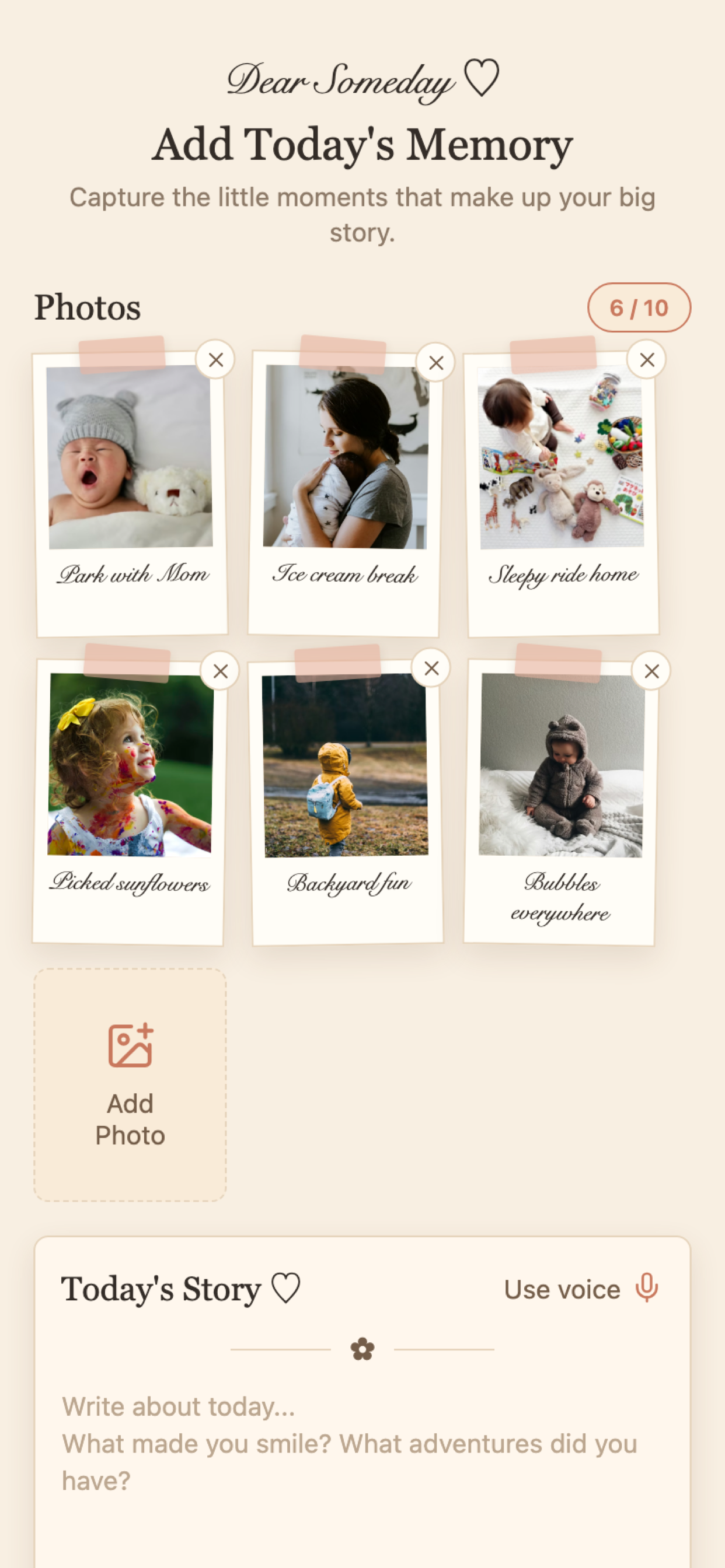 Dear Someday memories screen showing saved family moments by week